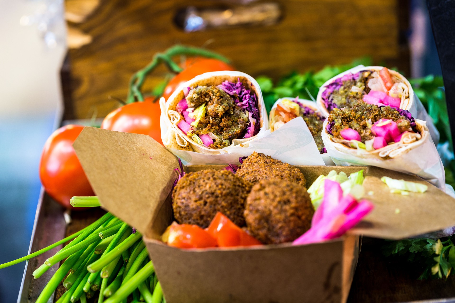 Falafel wraps and vegetarian food at Borough Market, London, UK